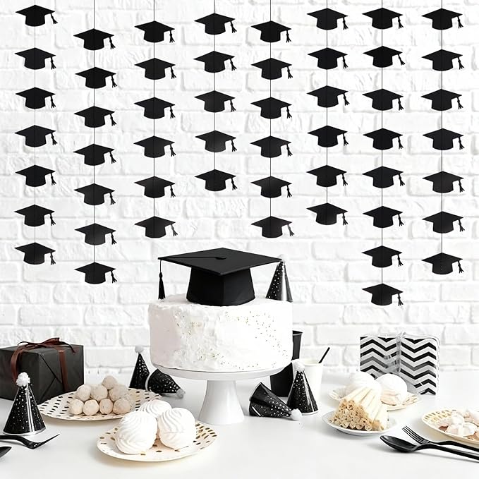 Black Graduation Garland Graduation Party Decorations Class of 2026 Grad Cap Garland Banner Streamers for Grad Party Hanging Decorations 39Feet