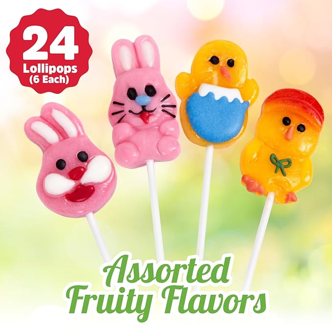 Easter Bunny Lollipops With Natural Colors – 24 Count Individually Wrapped Candy Pops, Bunny And Chick Shaped Lollipops For Easter Baskets, Egg Hunt Party Favors, And Spring Candy For Kids.