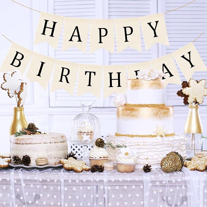 Domeny Happy Birthday Burlap Banner Boho Birthday Bunting Banner Black Bohemian Birthdays Bunting Garland Rustic White Birthday Party Hanging Garland for Women Men Birthday Kid Photo Backdrop
