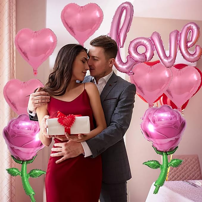 Pink Love Balloons Pink Heart Balloons and Pink Rose Balloons Valentine Balloons Valentine Party Balloons for Valentine Day Decoration Anniversary Party Decorations Theme Supplies Balloo