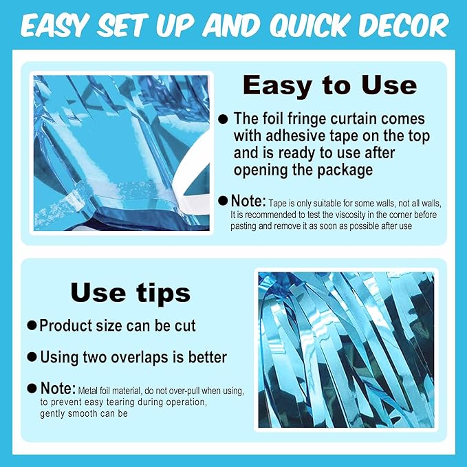 3 Pack Light Blue Foil Fringe Curtains Backdrop, 3.28 x 8.2 Ft Metallic Streamers Tinsel Curtains Background for Photo Booth, Birthday, Halloween, Christmas, Thanksgiving, New Year Party Decorations