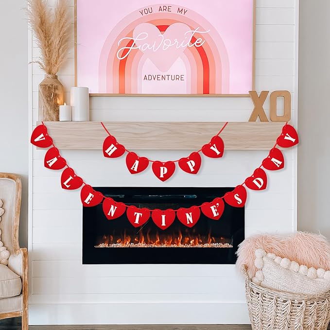 Happy Valentines Day Felt Banner No DIY Valentines Day Banner Pre-Strung Valentine's Day Felt Heart Garland for Valentine's Day Decorations