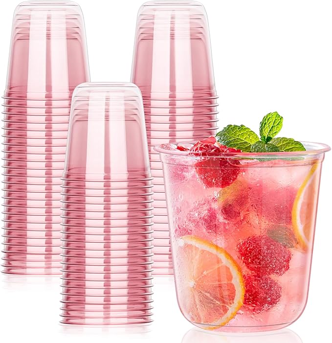 KesaPlan 100 Pcs Pink Plastic Cups, 12oz Disposable Stemless Wine Glasses for Cocktail Cute Clear Cocktail Wine Glasses Pink Party Cups for Valentine's Galentine's Day Wedding Christmas Party