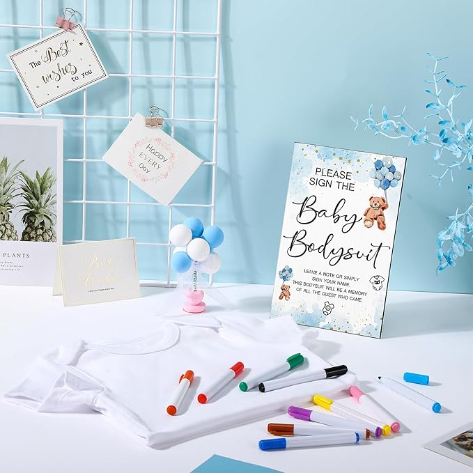 Qunclay 12 Pcs Baby Shower Game Decor with White Unisex Bodysuit Wooden Sign Tabletop Decor and Marker for Guests(Blue Bear)