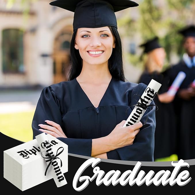 100 Set Graduation Diploma Guest Napkins Red Black and White Rolled Silverware Disposable Grad Award Dinner Napkin with Ribbon and Scissors for Celebration(diploma, Black, 100 Pcs)