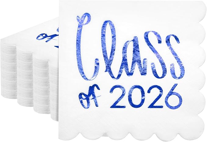 100 Pcs Class of 2026 Graduation Cocktail Napkins 5 x 5 Inch Congrats Grad Scalloped Paper Napkins for Dinner Beverage Graduate Decorations(Blue)