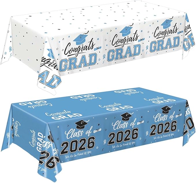 Oigco 2026 Graduation Decorations, 2 Pack Sky Blue Graduation Tablecloths Class of 2026, Congrats Grad Plastic Tablecloths for Graduation Party Decorations, 54 x 108 Inch