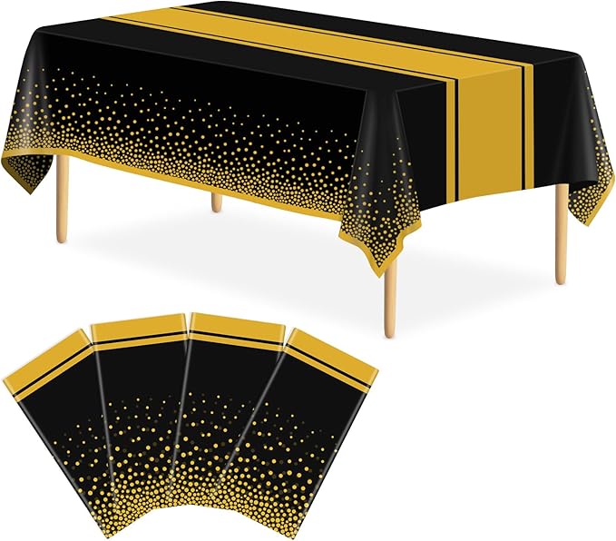 4 Pack Black and Gold Tablecloth Party Decorations Plastic Black Tablecloth Printed Gold Table Runner 54 x108 Inch Disposable Rectangle Table Cover for Birthday Wedding Graduation Anniversary