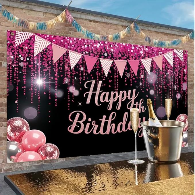 Happy Birthday Banner Pink Glitter Party Decoration Banner 71 x 43 Inch Birthday Celebration Backdrop Wall Hanging Decoration Indoor Party Display