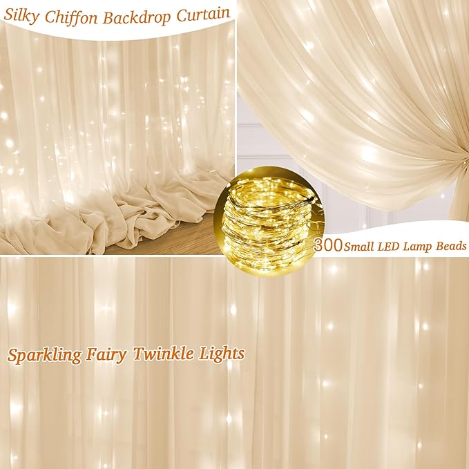 10ft x 10ft Champagne Chiffon Backdrop Curtain with Lights String for Parties,2 Panels Sheer Chiffon Curtain Wedding Backdrop with Lights for Baby Shower Birthday Ceremony Reception Home Decorations
