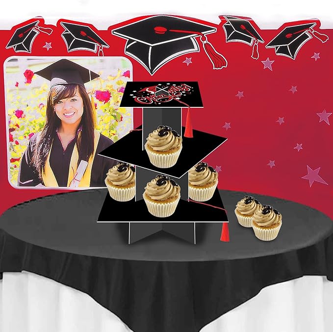 KALEFO Graduation Decorations 2026 Graduation Cap Cupcake Stand with Tassel Graduate Party Favors Table Decor Grad Party Supplies (Red)