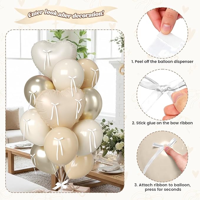 Cream and Apricot Heart Balloons, 38 Inch Bow Balloons, 16PC Champagne Gold Beige Sand White Balloon Helium with Bow Ribbons for Neutral Birthday Wedding Bridal Baby Shower Valentines Day Decorations