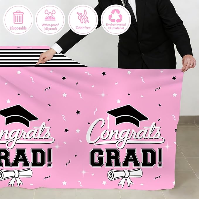 7-Pack Graduation Party Decorations Set, 3 Pink Graduation Tablecloths 54x108in, 2026 And GRAD Balloons, 2 Foil Fringe Curtains for High School College Graduation Party Photo Booth