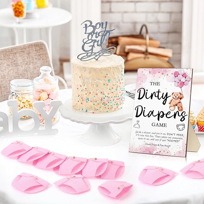 Roowest 51 Pcs Dirty Diaper Baby Shower Games Funny Wooden Sign with 50 Pcs Mini Diapers Cute Felt for Gender Reveal Party Baby Shower(Pink Bear)