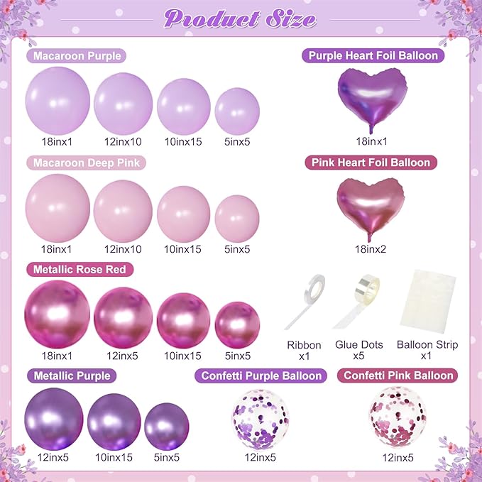 Pink Purple Balloon Garland Arch Kit,126Pcs Metallic Purple Rose Red Confetti Balloons with Heart Foil Balloon for Women Birthday Bridal Baby Shower Wedding Party Decoration