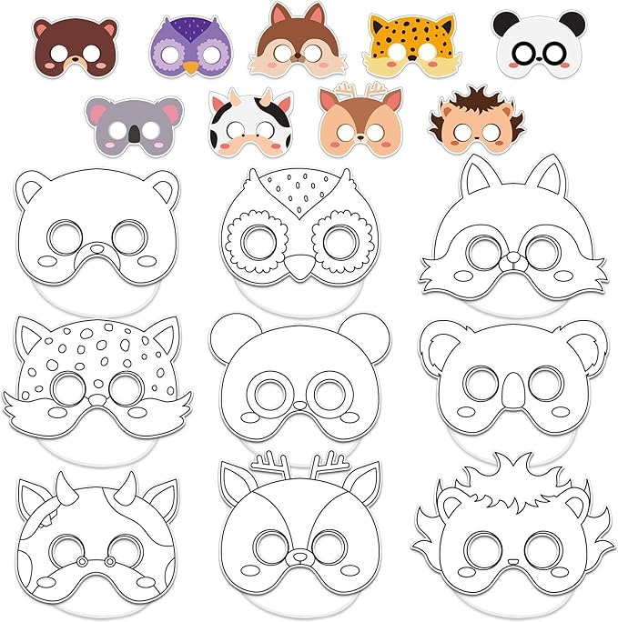 36 Set Animal Coloring Mask Jungle Animal Paper Art Craft Kid Color Your Own Panda Blank DIY Mask Masquerade Birthday Party Dress-Up Decoration Favor School Classroom Activity Game Supplies