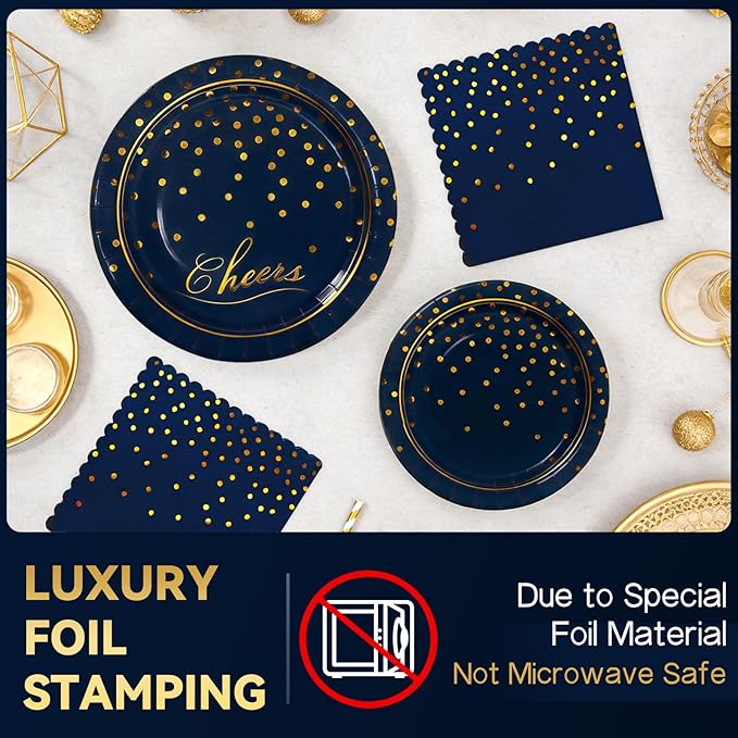 OuMuaMua Blue Paper Plates and Napkins Party Supplies for 24 Guests, 168 Pcs Navy Blue Disposable Plates with Utensils Set for Blue and Gold Graduation Retirement Birthday Party Decorations