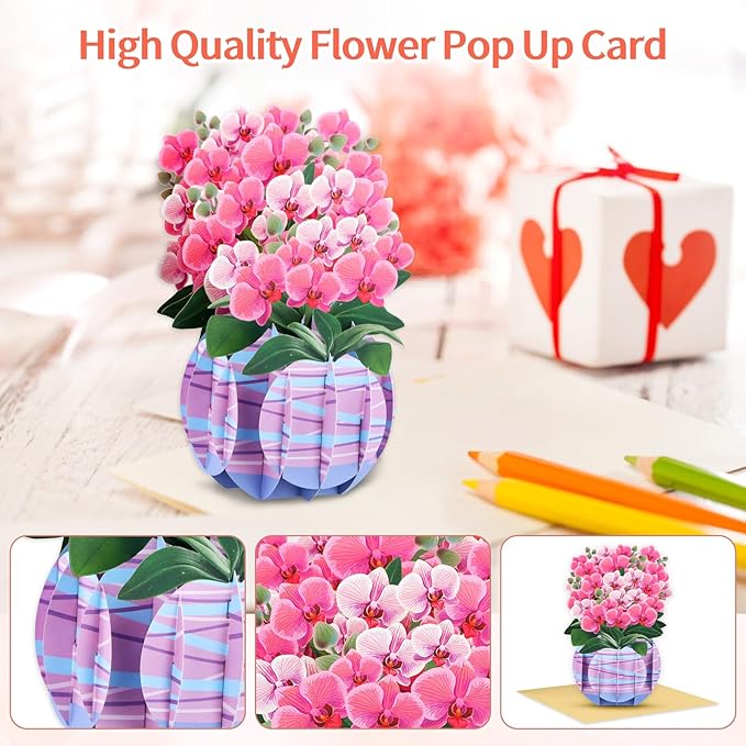 FaCraft Pop Up Flower Cards - 3D Orchid Gifts for Mom Wife Daughter Grandmother - Handmade - with Envelope - All Occasions - Birthday Anniversary Graduation Mothers Valentines Day