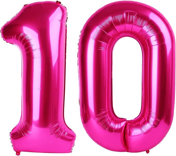 Giant Hot Pink 10 Balloon Number 40 Inch, 10 Number Balloons Birthday Supplies, 10 Year Old Birthday Party Celebration, 10 Balloons Graduations Anniversary Decorations