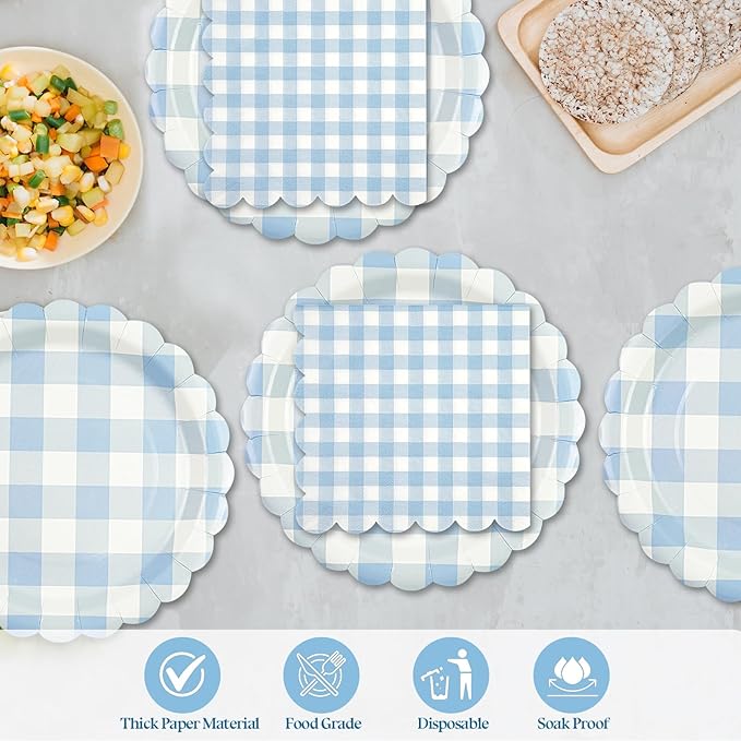 50PCS Light Blue Gingham Party Supplies - 7Inch Blue Scalloped Dessert Paper Plates and Napkins Set Disposable Plaid Dinner Party Set Cutlery for Baby Shower Birthday Wedding, Serve 25
