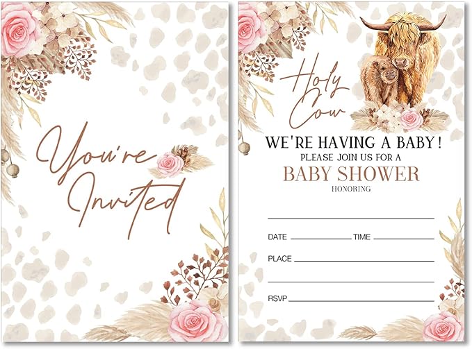 Soiceu Boho Highland Cow Baby Shower Party Invitations with Envelopes Set of 20 Pampas Holy Cow Baby Shower Party Invites Fill in Blank