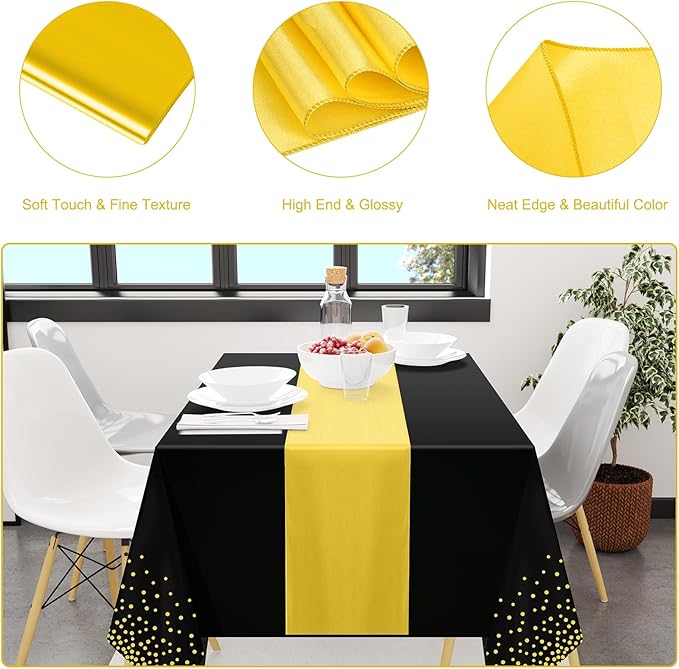 12 Pack Black Gold Tablecloth and Table Runner Set Party Decorations, Plastic Disposable Tablecloth and Satin Table Runner for Wedding Birthday Party (Black Gold)
