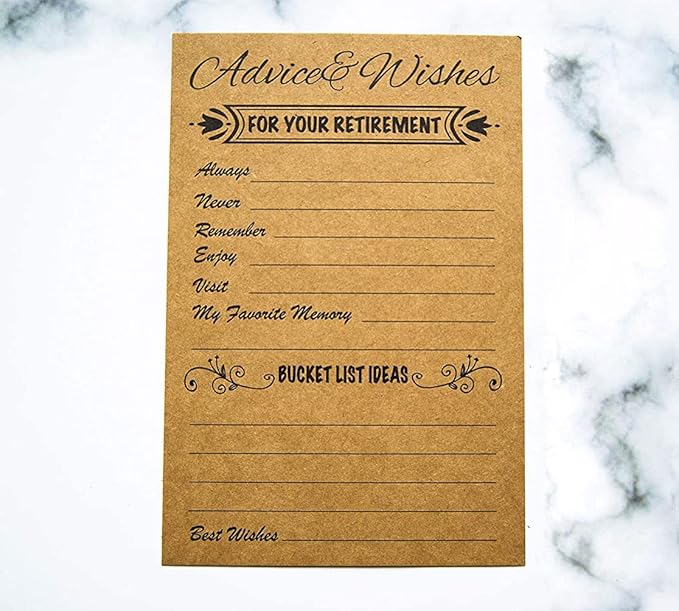 RXBC2011 Retirement Well Wish and Advice Cards Pack of 50 Rustic Kraft Retired Ideas Supplies and Decoration Happy Retiree Celebration Gift Bucket List Wish Funny Officially Retired