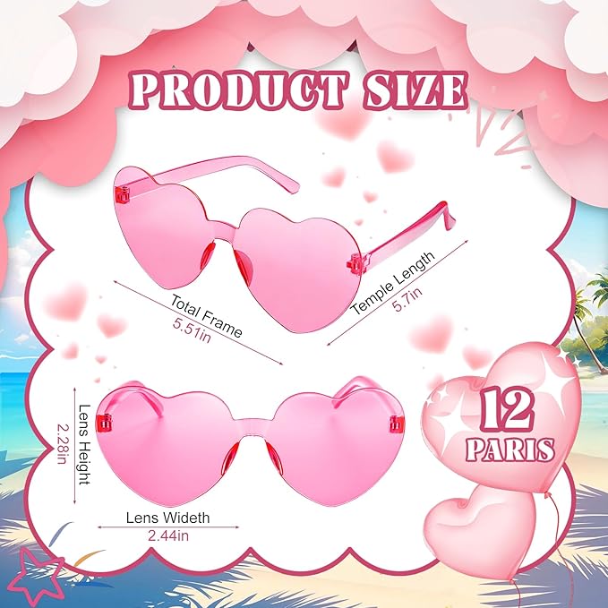 12Pcs Pink Heart Sunglasses, Cute Heart Glasses for Women - Rave Glasses Bachelorette Party Favors Galentines Day Decorations Pink Party Supplies Barbie Party Favors