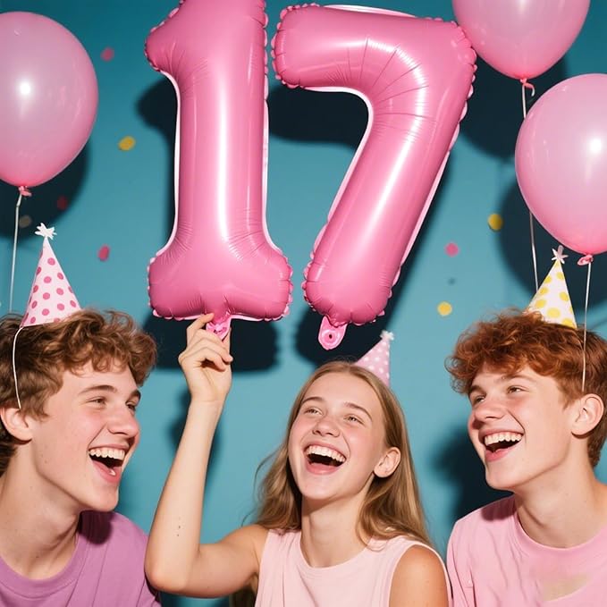 40 Inch Pink Number 17 Digital Balloon,Jumbo Mylar Foil Helium Balloon for 17 Balloons for Birthday Party,Wedding Anniversary Party Decorations