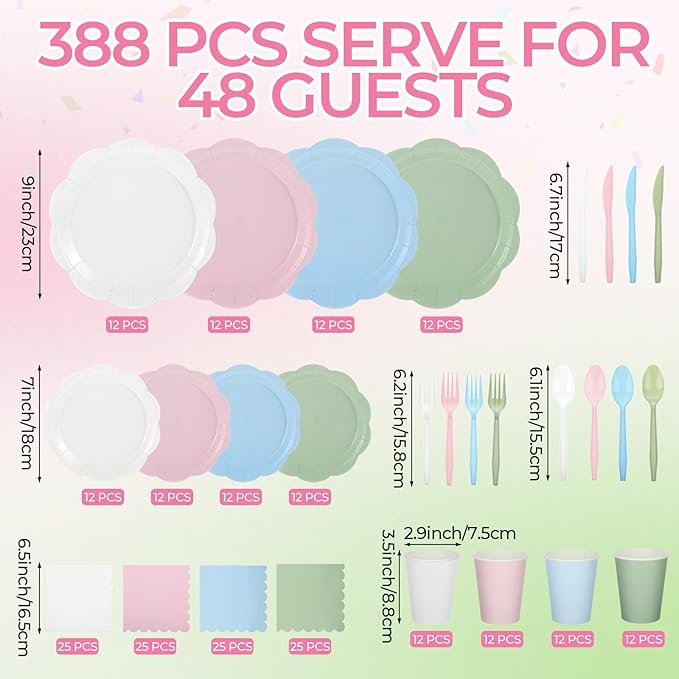 Qinyoung 388 Pcs Pastel Rainbow Plates and Napkins Party Supplies Tableware Include Disposable Scalloped Plate Paper Napkin Cup Plastic Cutlery for Baby Shower Gender Reveal Birthday Party, 48 Sets