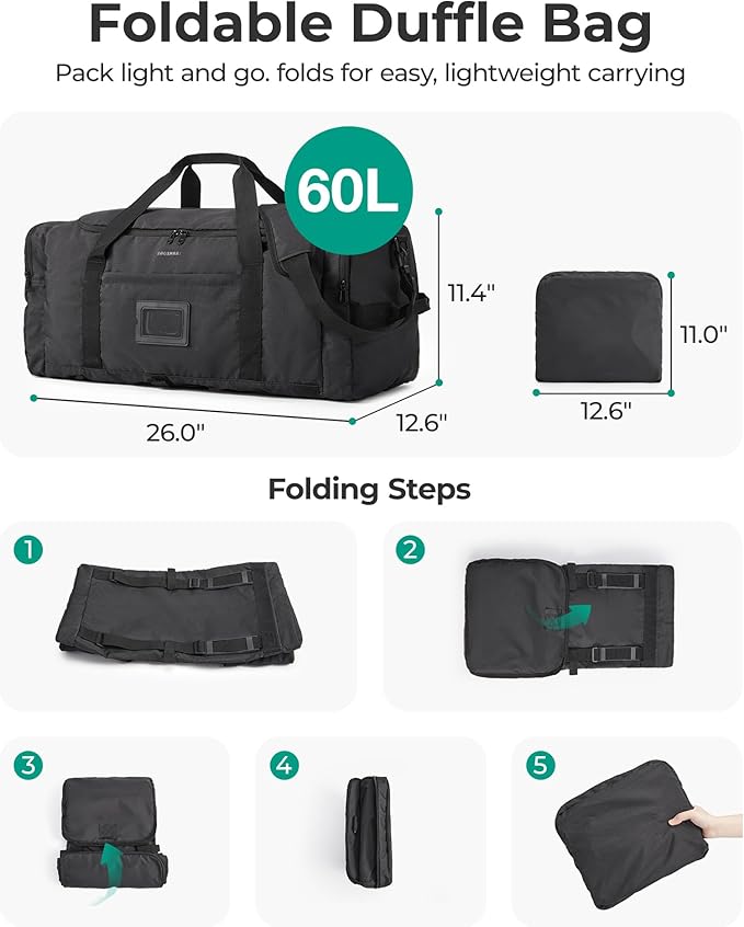 BAGSAMRT 60L Foldable Duffle Bag for Travel, Large Travel Duffel Bag for Men, 4 in 1 Travel Backpack, Carry on Weekender Bag, Black