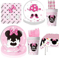 91Pcs Pink Bow Mouse Party Supplies Tableware Set, Cartoon Theme Birthday Party Decorations Include Paper Plates, Napkins, Tablecloth, Straws, Cups, Knives, Spoons and Forks (Pink)