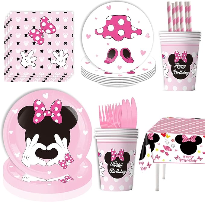 91Pcs Pink Bow Mouse Party Supplies Tableware Set, Cartoon Theme Birthday Party Decorations Include Paper Plates, Napkins, Tablecloth, Straws, Cups, Knives, Spoons and Forks (Pink)
