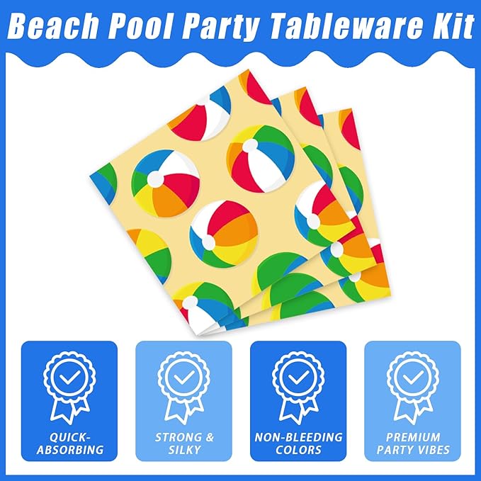 96 Pcs Summer Pool Beach Party Paper Plates Napkins, Beach Pool Ball Party Decorations Supplies Disposable Dinnerware Tableware for Kids, Serves 24
