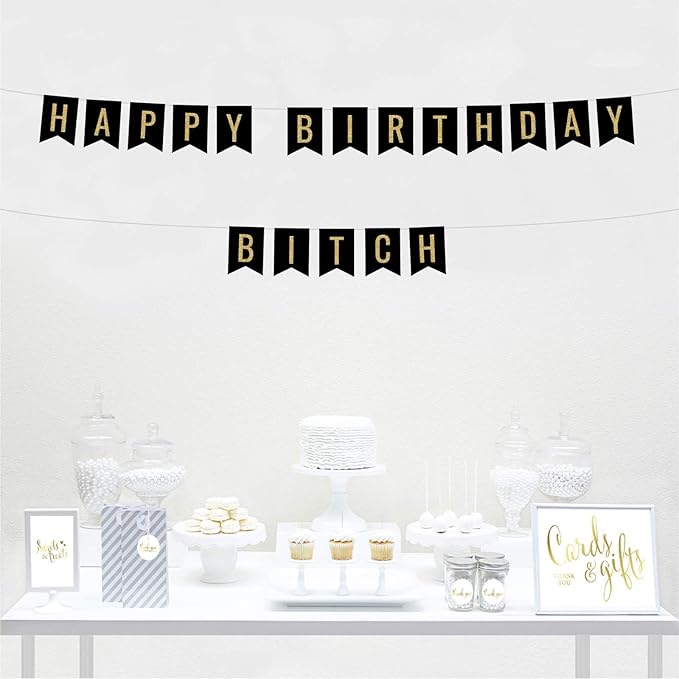 Andaz Press Faux Gold Glitter on Black Birthday Party Banner Decorations, Happy Birthday Bitch, Approx 5-Feet, 1-Set, Birthday Milestone Colored Hanging Pennant Decor