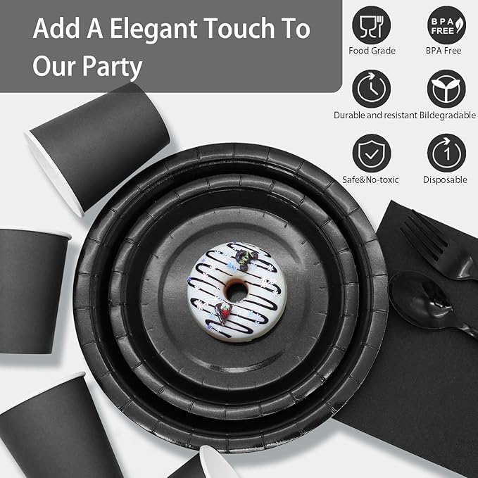 168pcs Black Paper Plates and Napkins for Halloween Birthday Anniversary Decorations, Black Plates Disposable Dinnerware Sets for Party Supplies and Party Decorations Serves 24