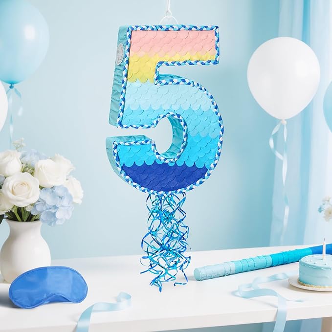 WERNNSAI Number 5 Piñata - Ombre Blue Pull String Piñata with Blindfold and Stick Birthday Party Game for Kids Boys Girls 5th Birthday Party Decorations （16.3" x 11.4" x 3")
