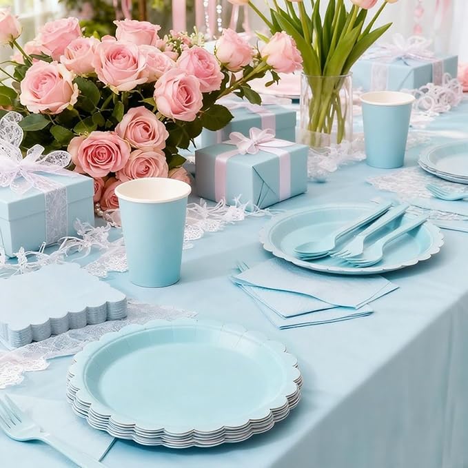 176 PCS Light Blue Party Decorations Includes Scalloped Plates, Napkins, Cups, Cutlery, Tablecloth for Baby Shower Wedding Birthday Party Decorations, Serves 25