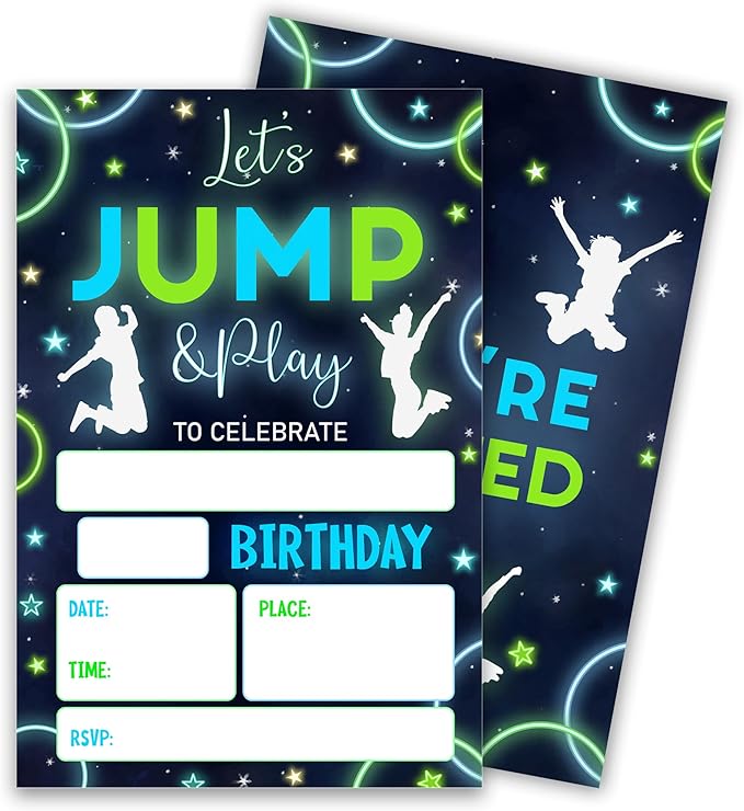 Trampoline Park Birthday Invitations, Glow Trampoline Party Neutral Invites, Neon Bounce House Party Invitation Cards for Boys & Girls, 4 x 6 20 Count with Envelopes