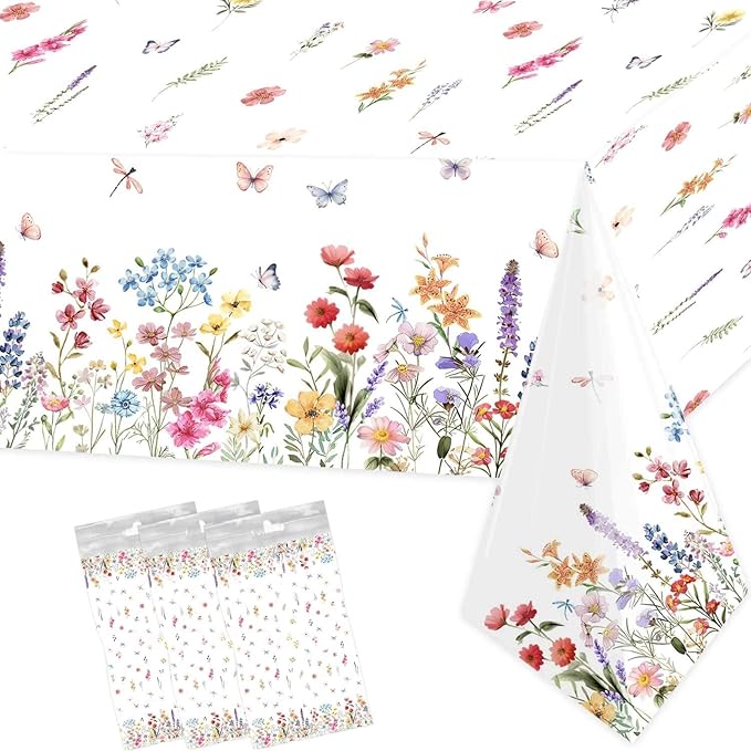 3 Pcs Wildflower Tablecloth Spring Summer Floral Table Cover for Butterfly Wildflowers Theme Picnic Dining Holiday Weeding Baby Shower Birthday Tea Party Table Supplies Decorations