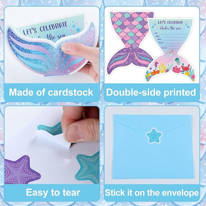Qyeahkj 36 Sets Mermaid Birthday Invitations with Mermaid Envelopes Stickers Little Mermaid Invitations for Kids Birthday Mermaid Party Baby Shower Decoration Pool Party Supplies