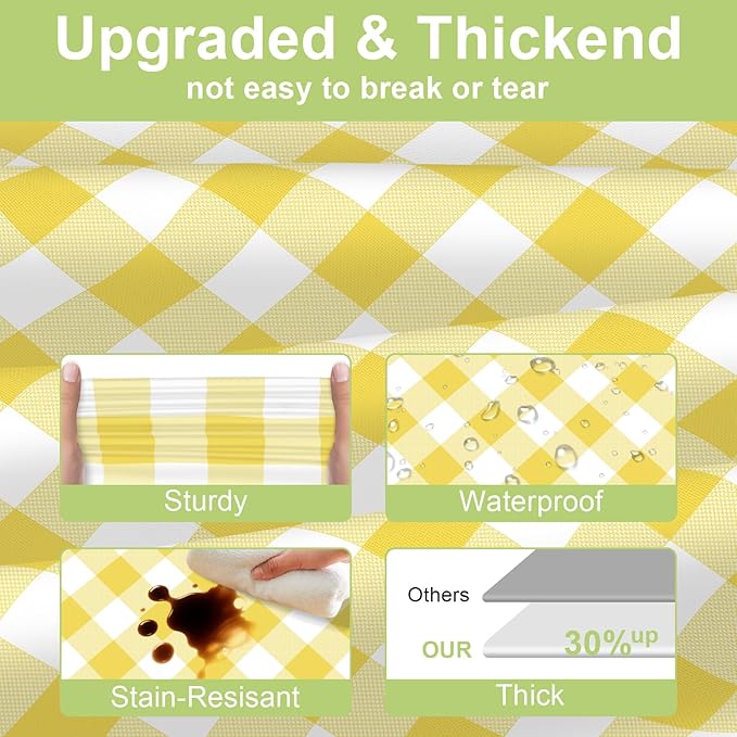 QIKSION Yellow Gingham Tablecloth Disposable 2 Pack, 54 x 108 Inch Yellow and White Checkered Table Cloth for Easter Decorations, Birthday Party Supplies, Rectangle, Plastic Table Cover