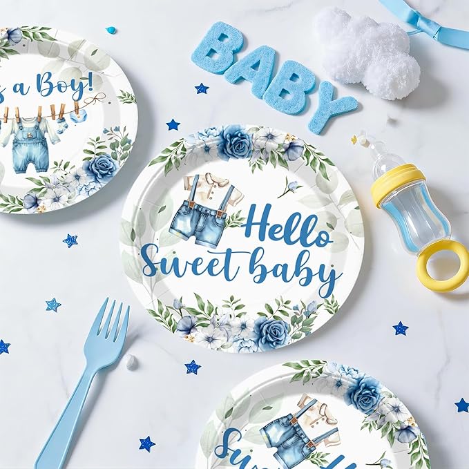 cocomigo 213PCS Blue Baby Boy Shower Decorations Tableware Set, 25 Serves Disposable Plates and Napkins Set, with Cake Topper, Centerpieces, Banner, Tablecloth, for Baby Boy Baby Shower Decorations