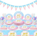 Gender Reveal Party Tableware Set - 114 Pcs Boy or Girl Paper Plates Cups Napkins Straws Tableware Set Tablecloth Banner Tableware Supplies Baby Shower Decorations