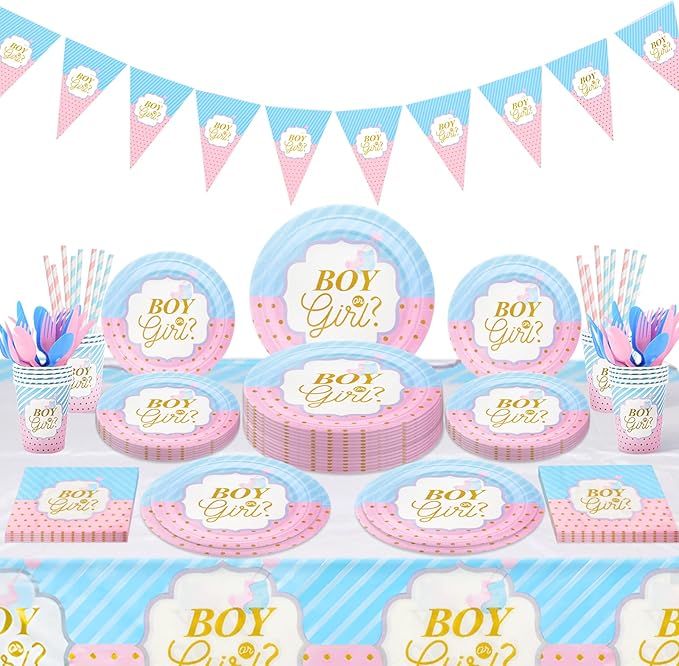 Gender Reveal Party Tableware Set - 114 Pcs Boy or Girl Paper Plates Cups Napkins Straws Tableware Set Tablecloth Banner Tableware Supplies Baby Shower Decorations
