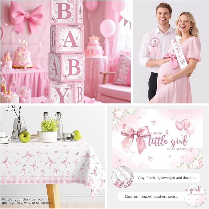 cocomigo 238 Pcs Pink Bow Baby Shower Decorations, All-in-One Party Pack for 20 Guests, Includes Tableware, Backdrop, Banner, Balloons and More for Bow Themed Baby Shower Decorations