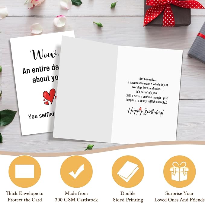 Qiliji Funny Birthday Card for Him Her, Snarky Birthday Card for Boyfriend Girlfriend Husband Wife, Sarcastic Bday Cards for Men Women, You Selfish Asshole