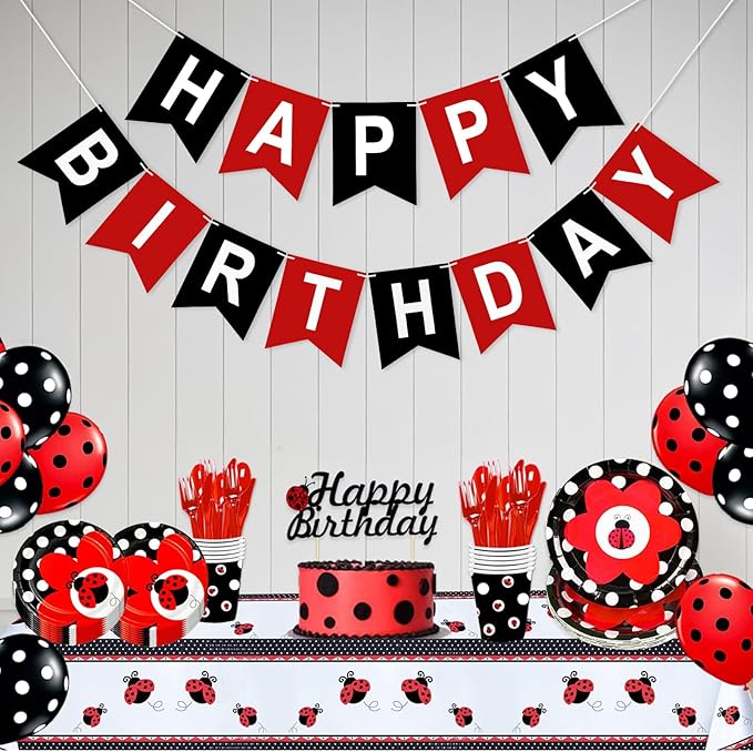 Red and Black Happy Birthday Banner Birthday Party Banner NO DIY Happy Birthday Sign Pre-Strung Birthday Hanging Decoration for Women Men Girl Boy Party Supplies (Red and Black)