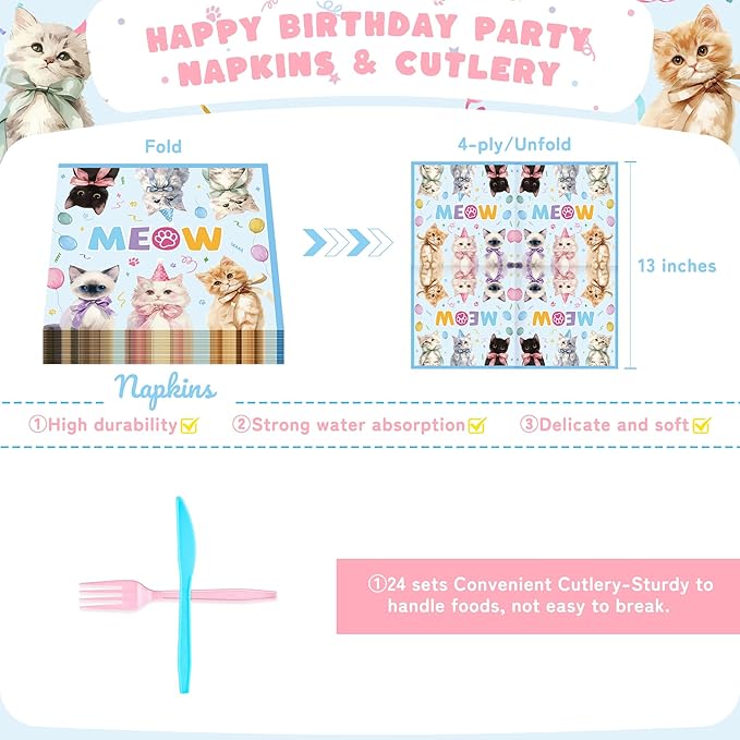 Cats Happy Birthday Party Plates Set, 144PCS Cats Themed Paper Plates Napkins Cups Knives Forks, 24 Set Blue Pink Disposable Tableware Set for Birthday Party Supplies