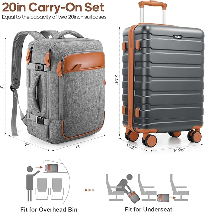 Luggage Sets 3 Piece, 20 Inch Hardshell Carry On Luggage 22x14x9 Airline Approved, Suitcase with TSA Locks & YKK Zippers, Carry On Suitcase with Wheels for Men & Women Travel